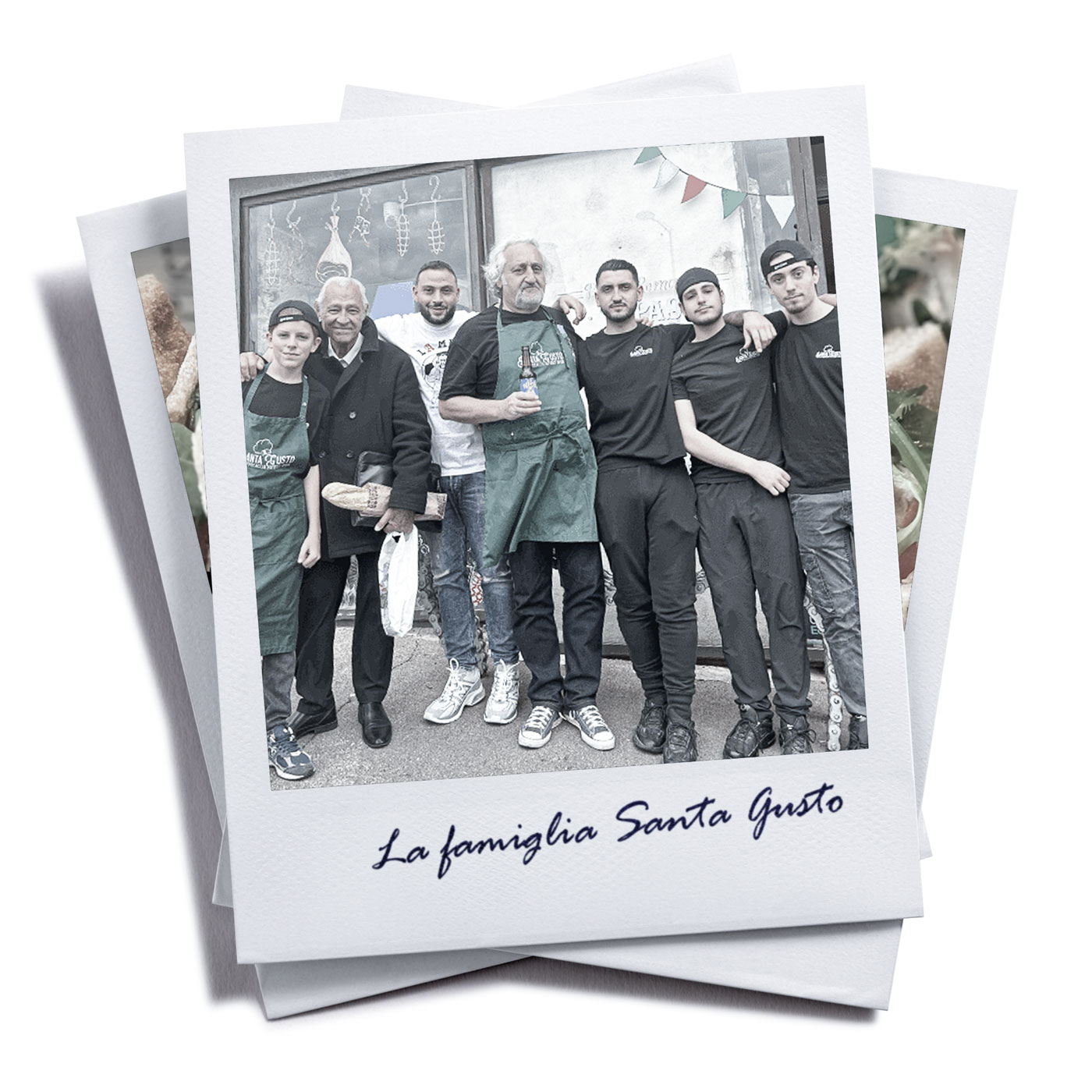 Un polaroid avec toute l'equipe de chez Santa Gusto, posant devant le restaurant.