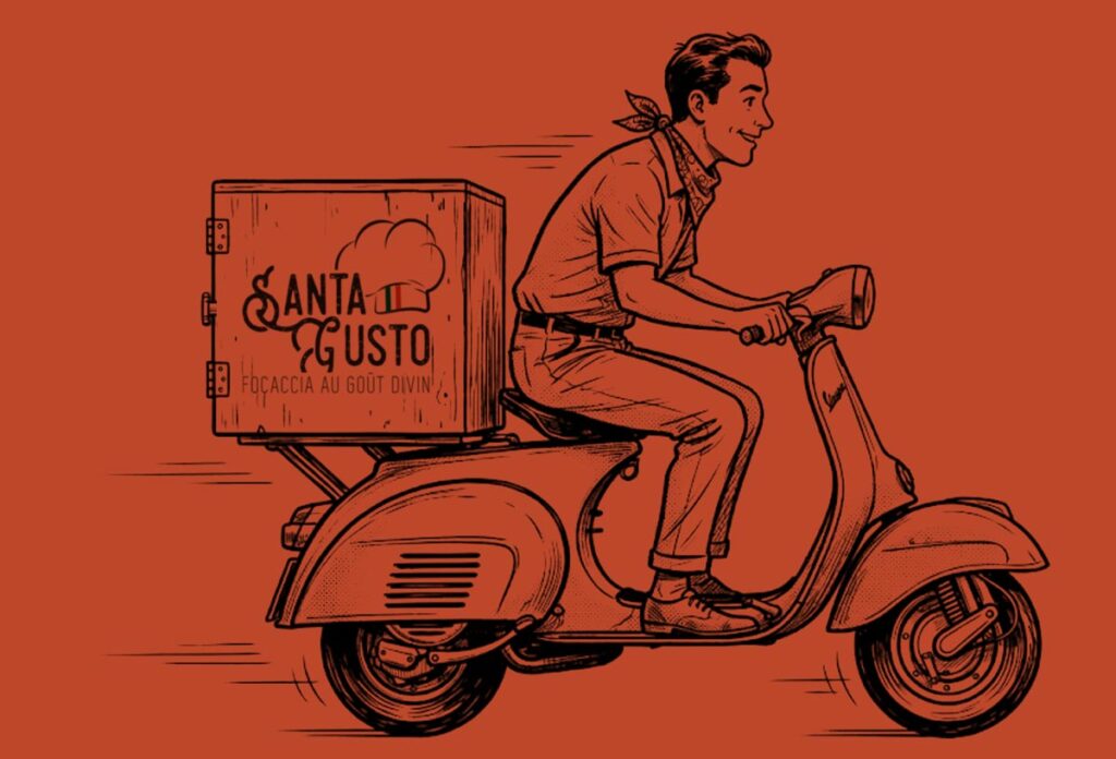Illustration d'un livreur sur une vespa avec une boite Santa Gusto à l'arriere.