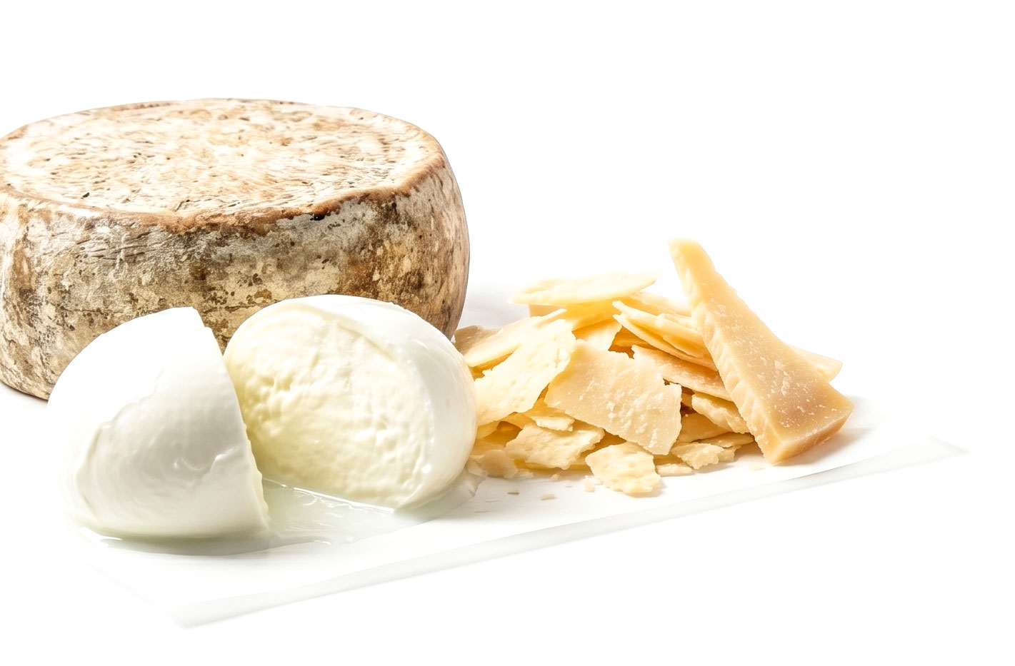 Une assiette de fromage avec une tome, du parmesan et une mozzarella coulante.