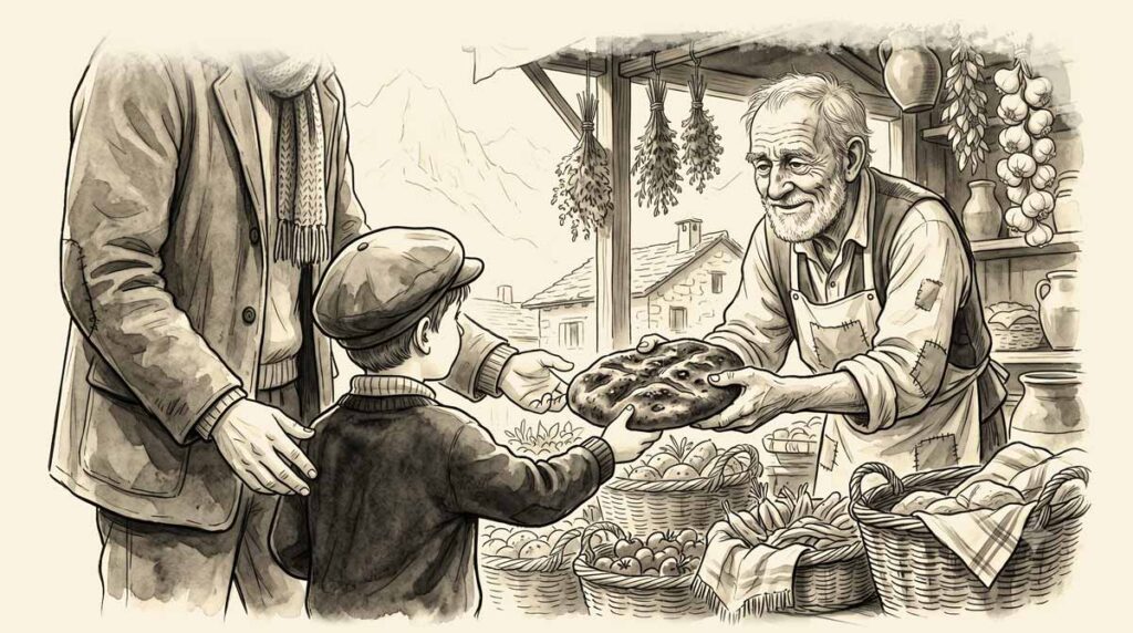 Illustration d'un marché, un vendeur donne à un jeune garçon un pain focaccia .