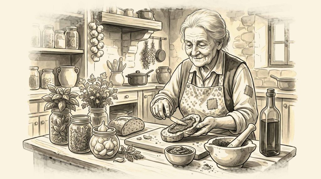Illustration d'une grand-mere préparant un sandwich dans sa cuisine traditionnelle italienne.