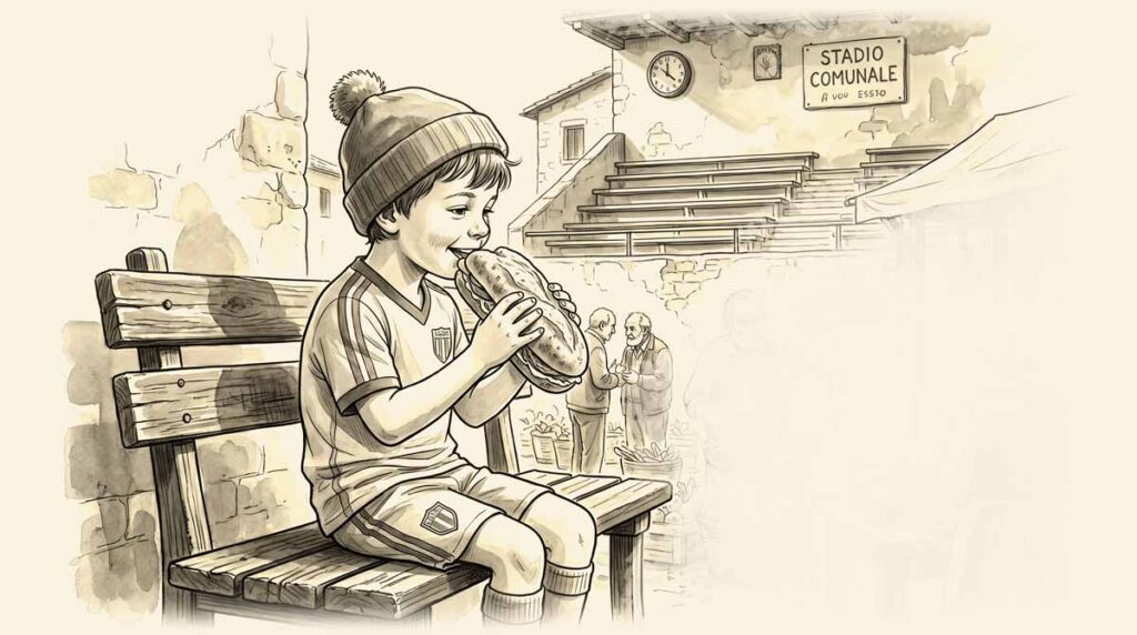 Illustration d'un enfant en italie habillé en maillot de foot, assis sur un banc et dégustant un sandwich.